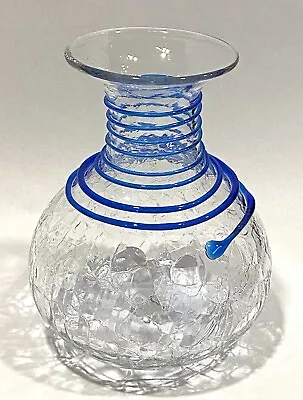 Buy Blenko Glass Clear Crackle Glass Vase With Blue Applied Spiral #8318 • 66.23£