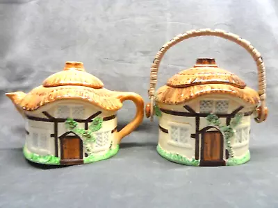 Buy Teapot & Biscuit Barrel 1950s Burlington Ware Ceramic Teaset Devon Cobb Cottage • 5£