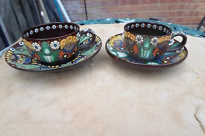 Buy Vintage / Antique Colourful Swiss Thourne Majolica Pottery Cup And Saucer X 2 • 10£