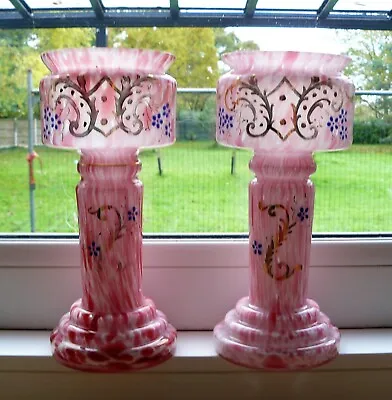 Buy Pair Antique Pink Splatter Glass Vases Hand Gilded & Enameled, Czech Franz Welz. • 29.90£