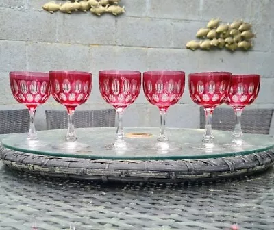 Buy Set 6 Cranberry Cut Glass Glasses Port Hock Wine Cognac Crystal Val St Lambert • 295£