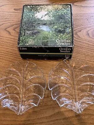 Buy 2 X ORREFORS Glass PLATES Eden 8700 / 73 Original Box Pair Sweden Leaf Design • 8£