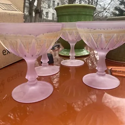 Buy Rueven ? Art Nouveau Pink Frosted Glass Wine Martini Drip Effect 5x4” SET OF 4 • 45.14£
