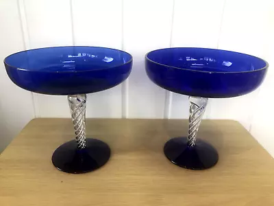 Buy  Pair Of Vintage Cobalt Blue Glass Compote Bowl With Twisted Stem • 30£