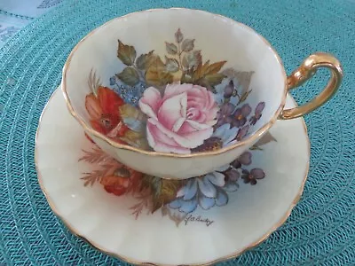 Buy Vtg Aynsley Bone China Cabbage Rose On Yellow Tea Cup Saucer Signed JA Bailey • 359.64£