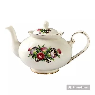Buy Vintage Royal Grafton Fine Bone China Teapot Thistle & Plaid Ribbon W/ Gold Trim • 31.30£