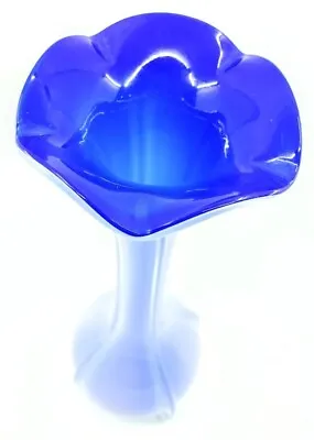 Buy Hand Blown Murano Style Flower Art Glass Vase 9.75  Tall Cobalt Blue Vintage • 47.42£
