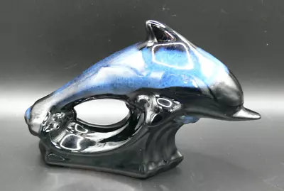 Buy Blue Mountain Pottery Leaping Dolphin Medium  12cm Blue/Green Black Drip Glaze • 12.50£
