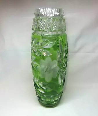 Buy Vintage Mid Century Bohemian Czech Pinwheel Cut Floral Green Flashed Glass Vase • 89.99£