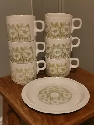 Buy Hornsea Fleur X6 Retro  Vintage Stacking Cups / Mugs & Matching Biscuit Plate • 12£