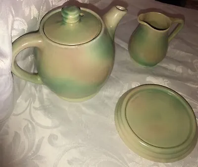Buy Studio GOVANCROFT Teapot, Stand & Jug, Sugar Bowl In Pale Green & Pink, VGC! • 12£