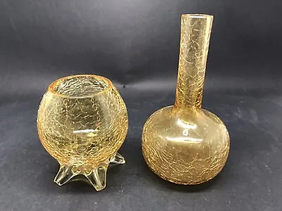 Buy 2 Little Vintage Amber / Gold Crackle Glass Vases • 14.50£