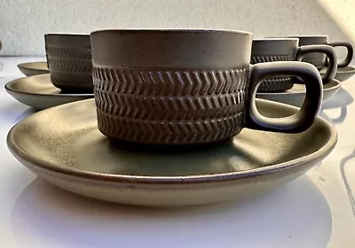 Buy Denby Chevron 6 X Espresso Coffee Cups & Saucers By Gill Pemberton Olive Green • 38£