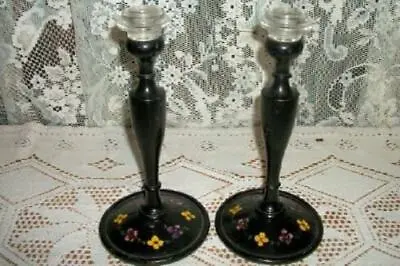 Buy Victorian Turned Ebonized Wood Candle Holders French Hp Tole Flowers Glass Cups • 119.07£