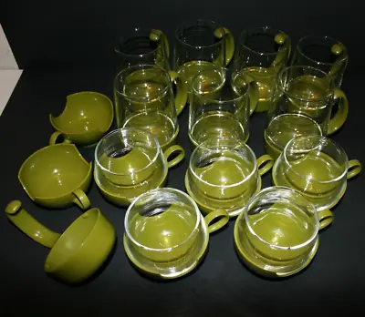 Buy 12 Vintage Pyrex Ware Glass Drink Glasses With Green Plastic Holders Lot • 106.56£