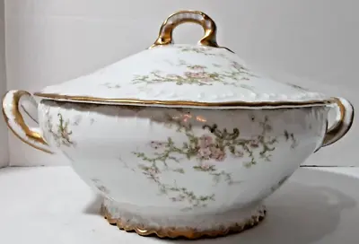 Buy Theodore Haviland Soup Tureen Pink Roses Green Leaves Gold Trim Limoges 1903 • 56.88£