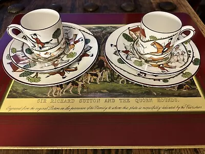 Buy 2 Crown Staffordshire HUNTING SCENE Demitasse Cups Saucers And Sandwich Plates • 115.26£