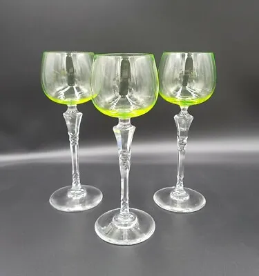 Buy Set(s) 3 Antique Lime Green Bohemian Wine Glasses Panel Facet Cut Stem EXCELLENT • 183.08£