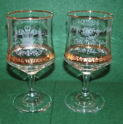 Buy Royal Wedding Glasses Set Of 2 Charles & Diana Gold Etched Wine Commemorative • 2£