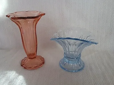 Buy Pair Of Vintage Art Deco Blue & Orange Pressed Glass Vases Davidson? • 20£