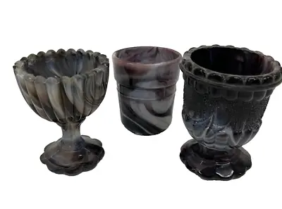 Buy Antique Victorian Amethyst Marbled  Slag Glass Sowerby Egg Cups X 3 Collection • 49£