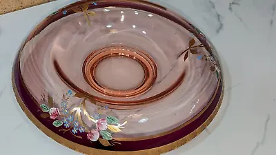 Buy Rare Antique Rolled Pink Depression Glass Bowl With Wide Gold Band Hand Painted • 66.26£