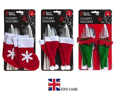Buy CHRISTMAS CUTLERY HOLDERS Set Of 4 Holder Santa Hat Boot Red Elf Stockings UK • 10.36£