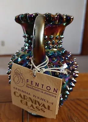 Buy Fenton Vase Black Amethyst Carnival Glass Hobnail Ruffled Pitcher W/ Hang Tag • 131.87£
