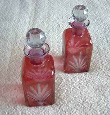 Buy Pair Small Cranberry Flashed Glass Decanters With Clear Faceted Glass Stoppers • 20£