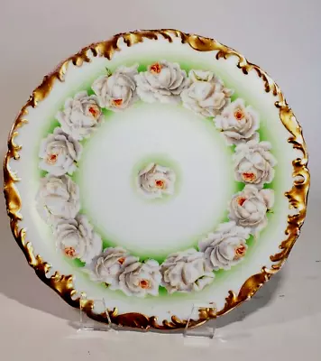 Buy Antique Limoges Porcelain Plate Wreath Of White Roses Green Gilt Encrusted Rim • 24.55£