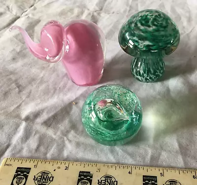 Buy Vintage 3 Small Glass Paperweights Pink Elephant/Mushroom/Caithness Moon Crystal • 18.50£