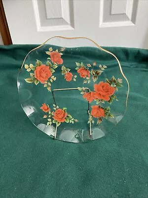 Buy Vintage Chance Clear Glass Floral Plate Red Roses Ruffle Edge Gold Rim • 9£