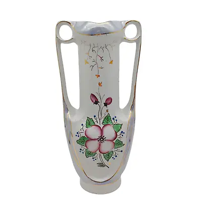 Buy HAND PAINTED Luster Ware Urn Vase - 10  Vtg Tall Blue White Pink Flowers Handles • 22.44£