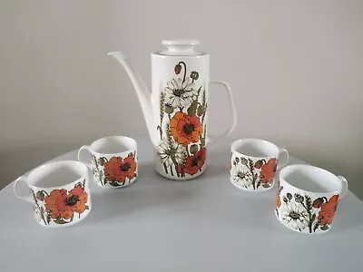 Buy 1970’s Vintage J&G Meakin Studio Coffee Pot Orange Poppy Pattern & 4 Cups  • 4.99£