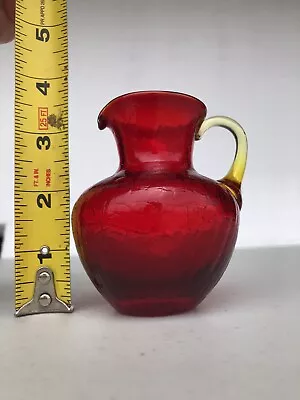 Buy Vintage Ruby Red Crackle Glass Pitcher 3.25  Amber Handle Glows W/black Light • 8.62£