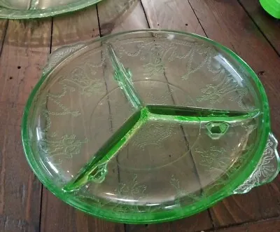 Buy Vintage Anchor Hocking Uranium Glass Cameo Green Footed Divided Relish Dish 8” • 18.97£