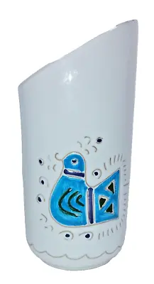 Buy Open Sided Ceramic Vase White Glaze W/ Blue Bird Motif Mediterranean Style VGC • 9.99£