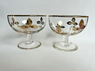 Buy Set Of 2 Footed Glass Bowls Dessert Gold Tone Rim Leafs Ice Cream Sorbet Trifle  • 18.88£