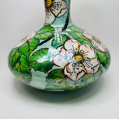 Buy 1978 Floral  Art Pottery Vase Hand Painted Vintage Signed Iridescent 9.75 T • 59.78£