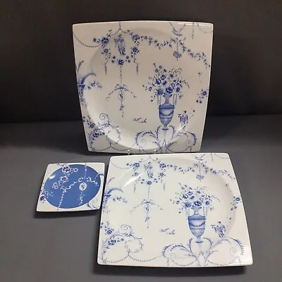 Buy Set Of 3 Wedgwood Bone China Harmony Plato, Square Plates Blue White 26.5cm • 74.95£