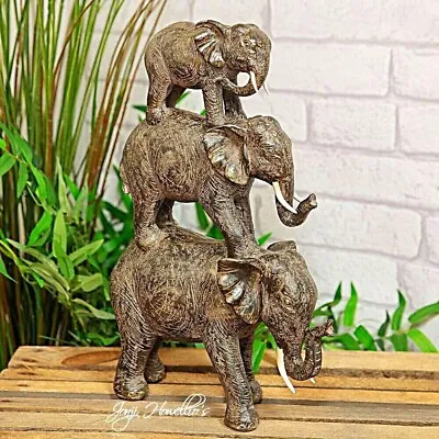 Buy Elephant Family Tower Ornament 3 Stacked Elephants Statue Figurine Home Art Deco • 29.90£