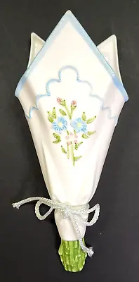 Buy Vintage 1980s Embroidered Design Handkerchief Ceramic Flower Wall Pocket Vase • 14.82£
