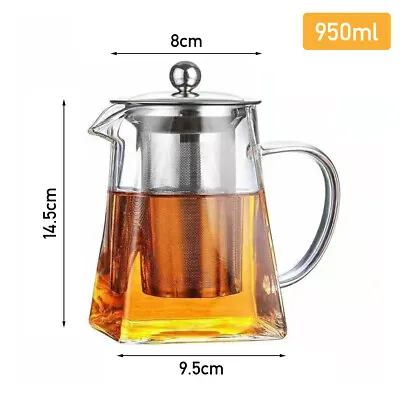 Buy Heat Resistant Clear Glass Teapot Jug With Infuser Coffee Tea Leaf Herbal Pot UK • 8.95£