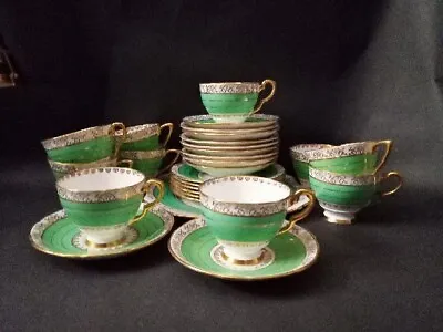 Buy Antique Rare 28 Piece Green And Gold Royal Stafford China Coffee Cups & Saucers • 128£