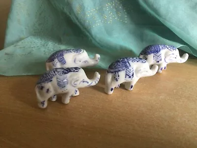 Buy 4 Vintage Miniature Blue & White China Elephant Figurines Trunks Up For Luck • 5£
