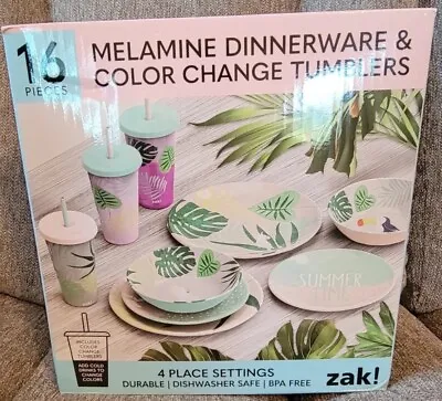 Buy Zak Designs Tropical Melamine Dinnerware Set 16 Pc Color Changing Tumbler Summer • 30.35£