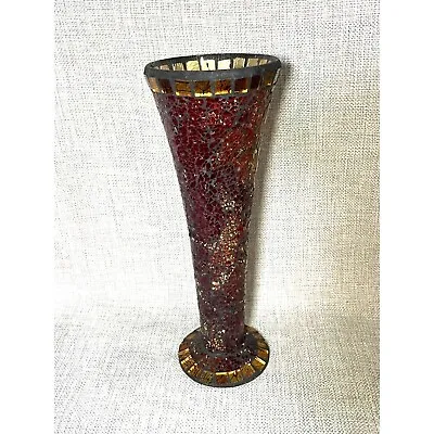 Buy Vintage Tall Art Glass Mosaic Vase Crackle Effect Ruby Red & Gold 12” Tall • 47.25£