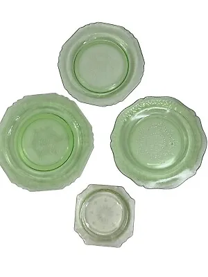 Buy Vtg 4 Glowing Uranium Depression Glass Serving Plate Dishes Fancy Etched Green • 47.32£