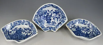 Buy 3 Antique Pottery Pearlware Blue Transfer Pickle Dishes Fanciful Chinese Gardens • 43£