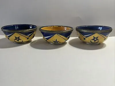 Buy Antique Moroccan Fez Pottery Metal, Ceramic Hand Painted 3 Bowls With Stars • 59.77£